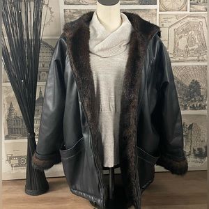 VINTAGE 1980’s Hooded FULLY LINED Faux Beaver Fur Black Jacket Women’s ZipSz Med
